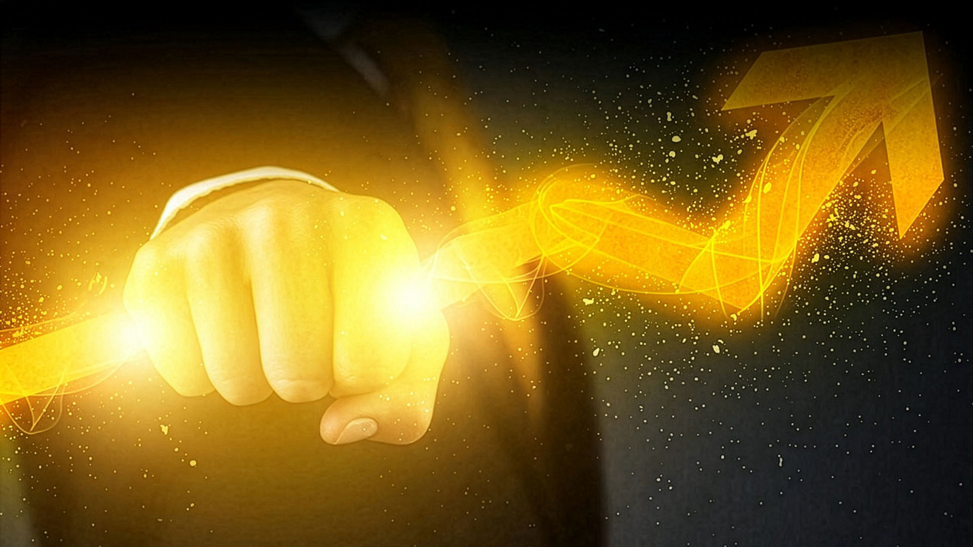 Businessman in suit holding lightning-shaped arrow, symbolizing growth and profit.