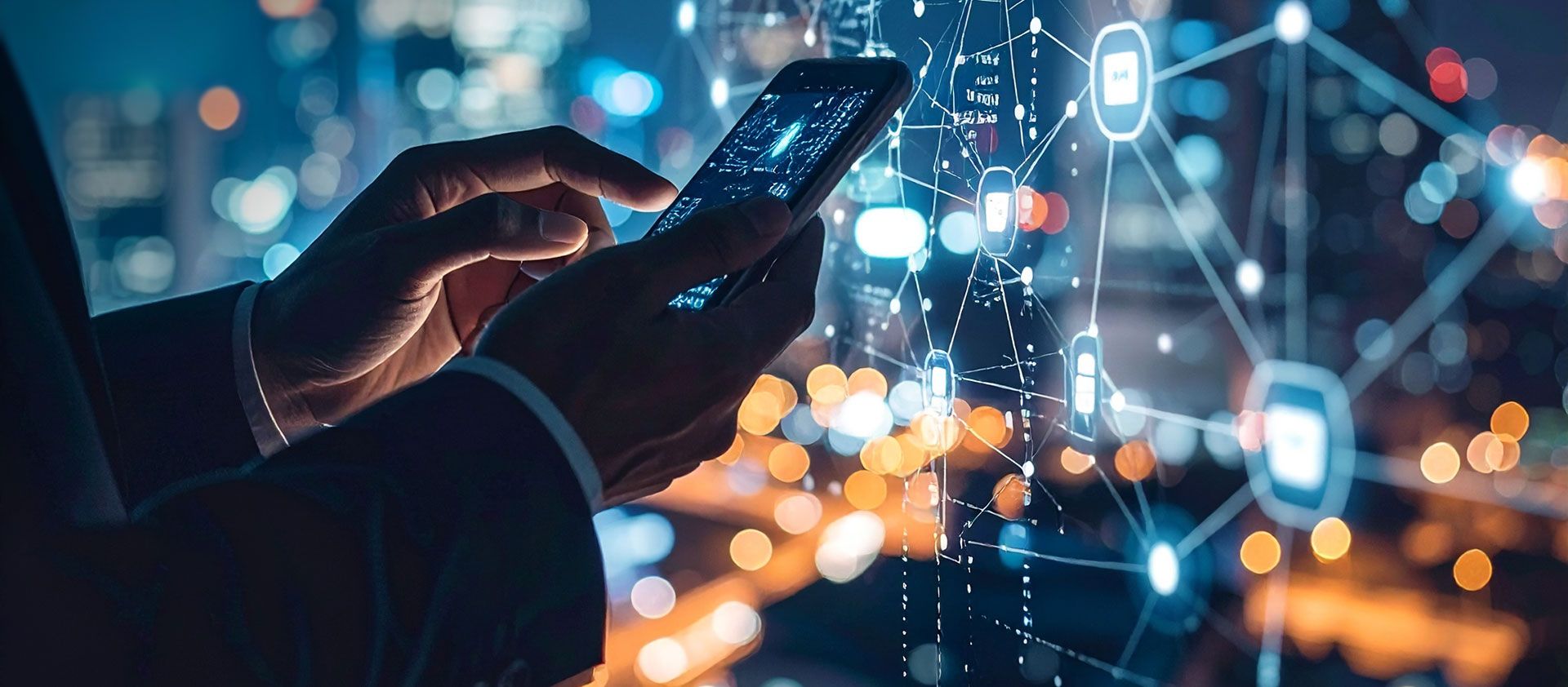 We see a close-up of the hands of a man dressed in a sharp suit holding a mobile phone displaying complex graphics, with a dynamic backdrop of interconnecting data streams and a bustling cityscape visible behind him.